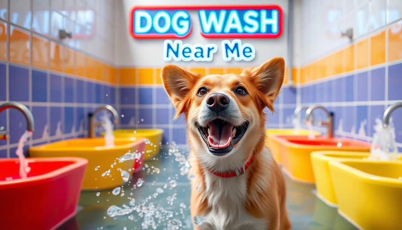 Wash your dog at a modern self-service station, promoting 'dog wash near me' with upbeat colors and a friendly ambiance.