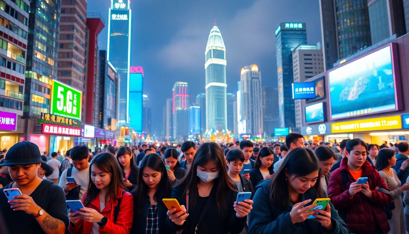 香港夜晚的城市風景，展示年輕人使用5G手機的繁忙街道，燈光明亮，氛圍活潑。