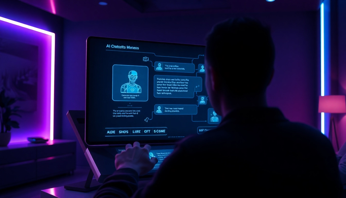 Futuristic AI chat interface with holographic projections in a dimly lit, neon-lit room