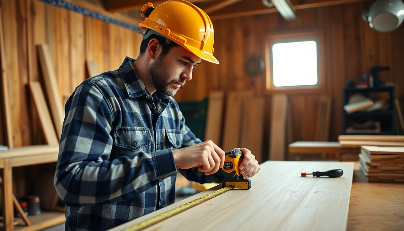 Skilled Carpenter measuring and planning a project with precision tools in a professional workshop setting.