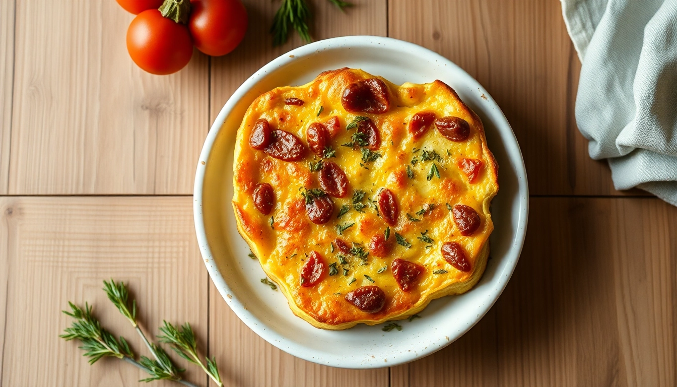 A small size strata breakfast casserole with crispy edges and fresh herbs, ready to serve, emphasizing its compact and appealing presentation for breakfast.