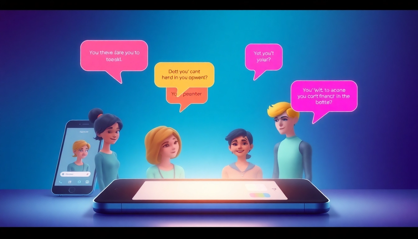 An illustration of a high-tech chat interface with animated AI characters in a vibrant atmosphere.