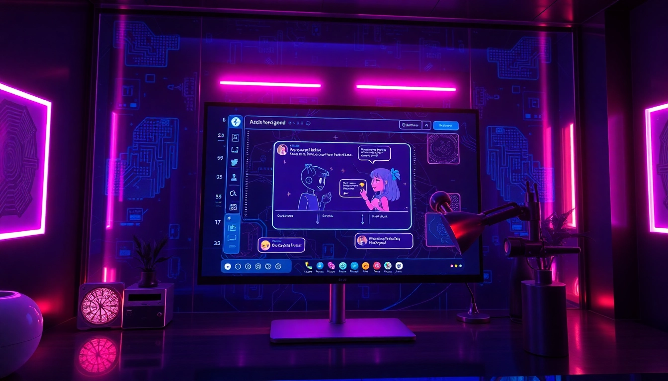 Futuristic digital scene of an AI chatbot interface with neon accents and adult-themed characters in a modern setting.