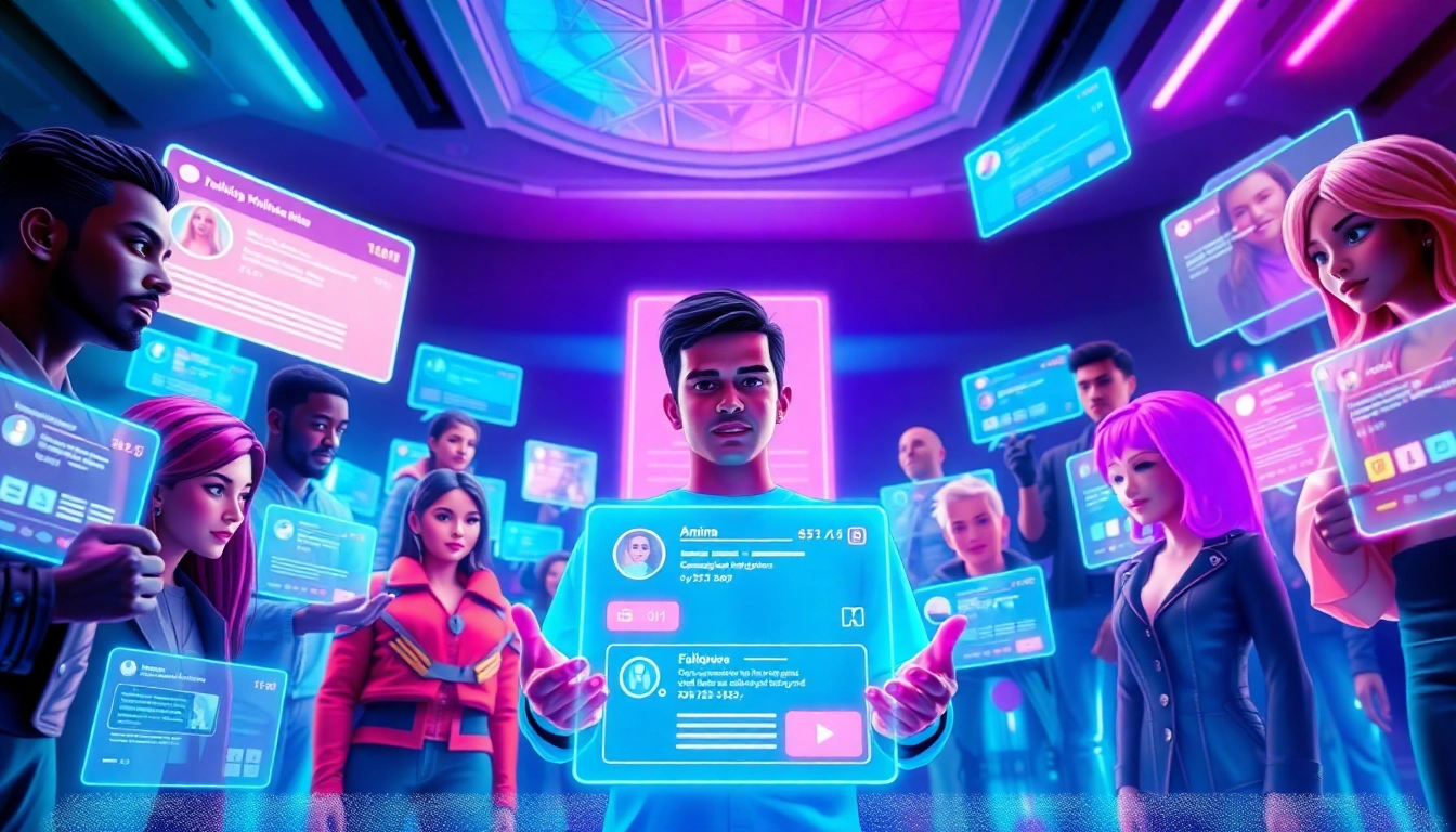 Futuristic virtual social environment with avatars and holographic interfaces in vibrant neon colors