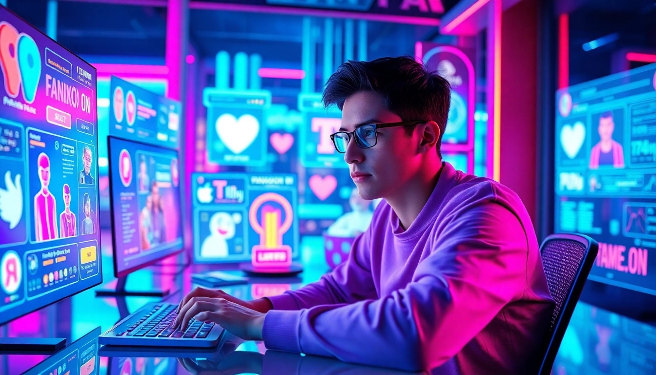 Young adult interacting with holographic social media and AI characters in a futuristic digital environment.