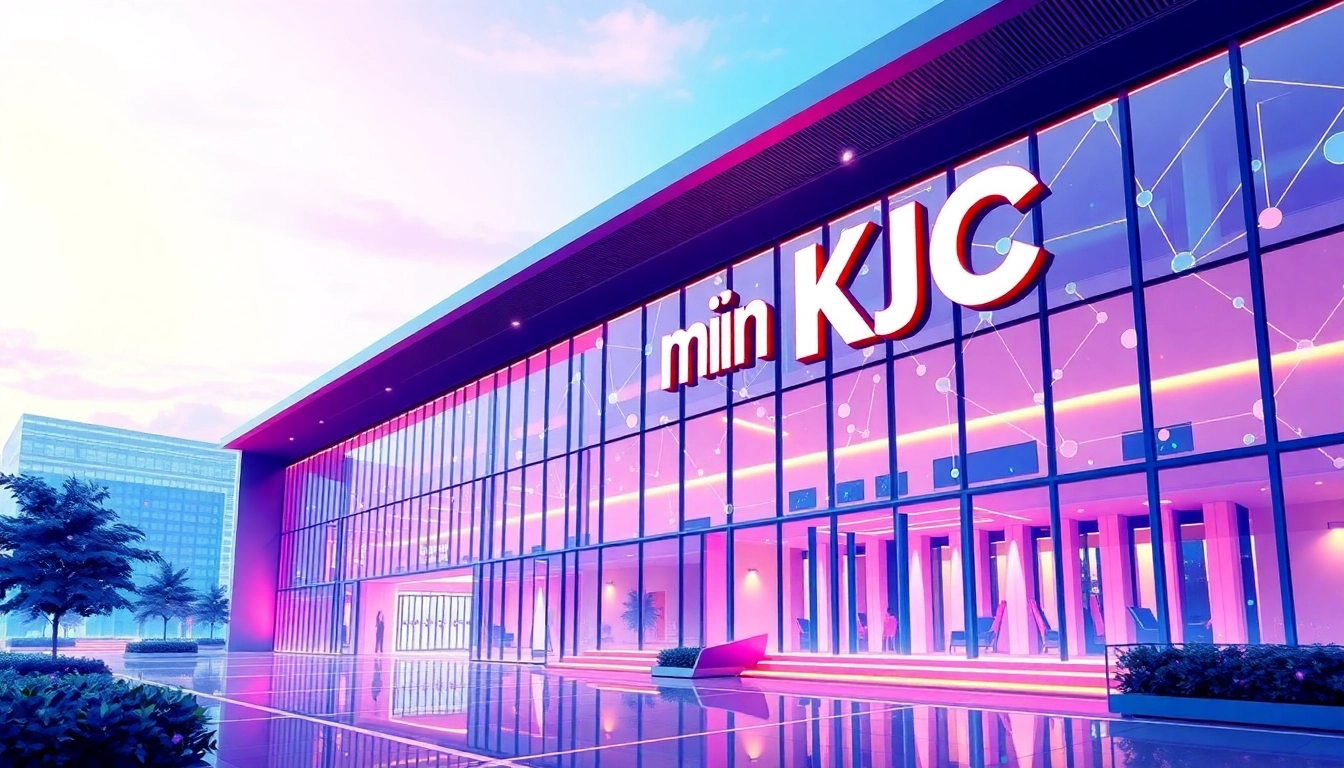 Liên minh KJC’s dynamic headquarters symbolizing innovation, connectivity, and digital entertainment leadership, engaging modern tech visuals for accessibility.
