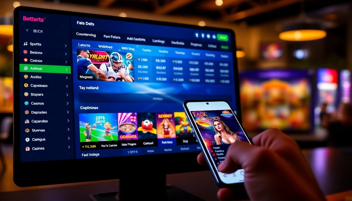 Sky Exchange online betting platform with sports icons, casino games, and a user engaging via mobile device for secure betting.