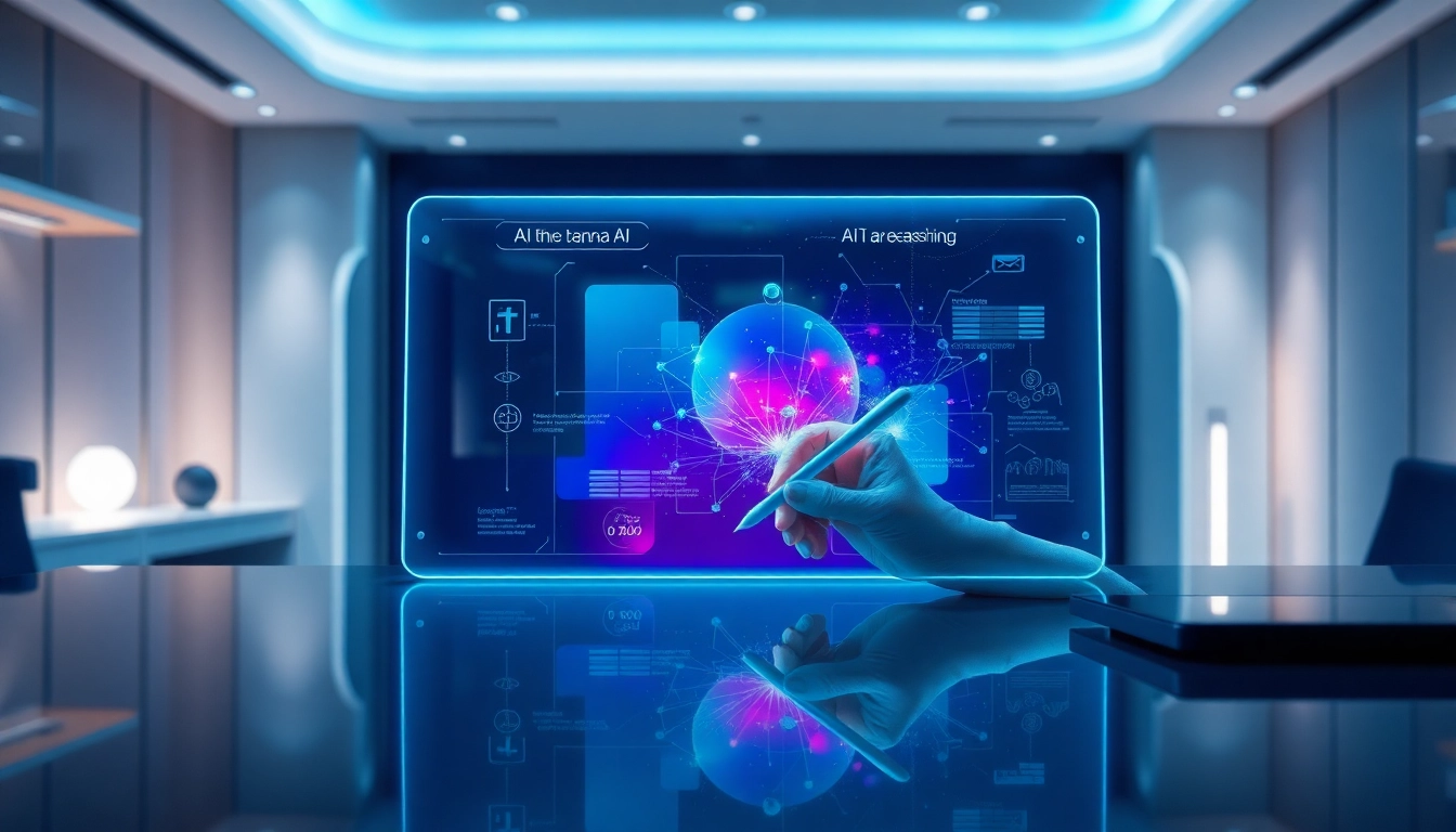 Futuristic AI workspace with holographic display showcasing advanced image editing technology