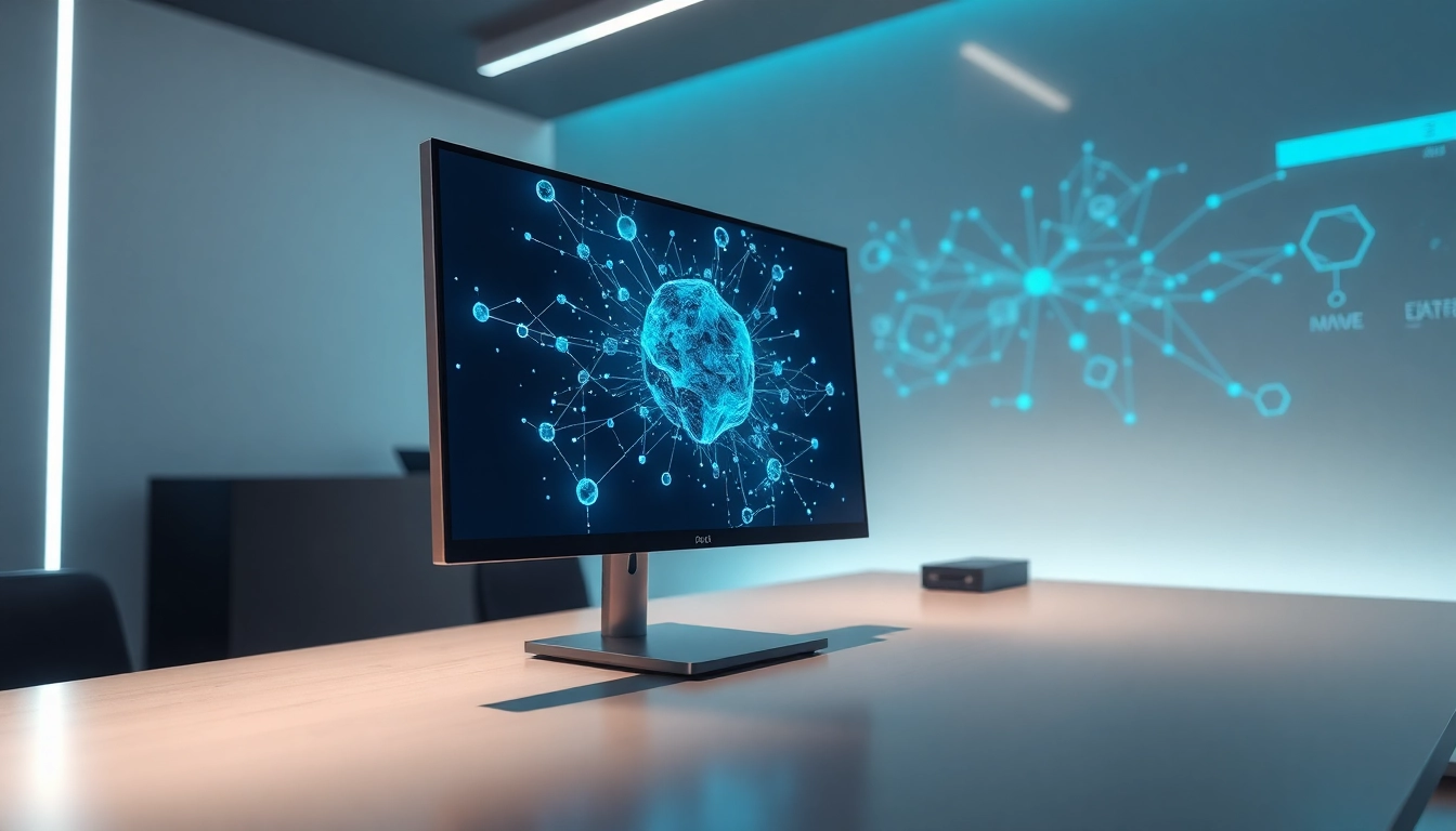 A modern workspace with a computer displaying AI-generated images, illuminated by ambient blue and green lighting, emphasizing advanced technology and innovation.