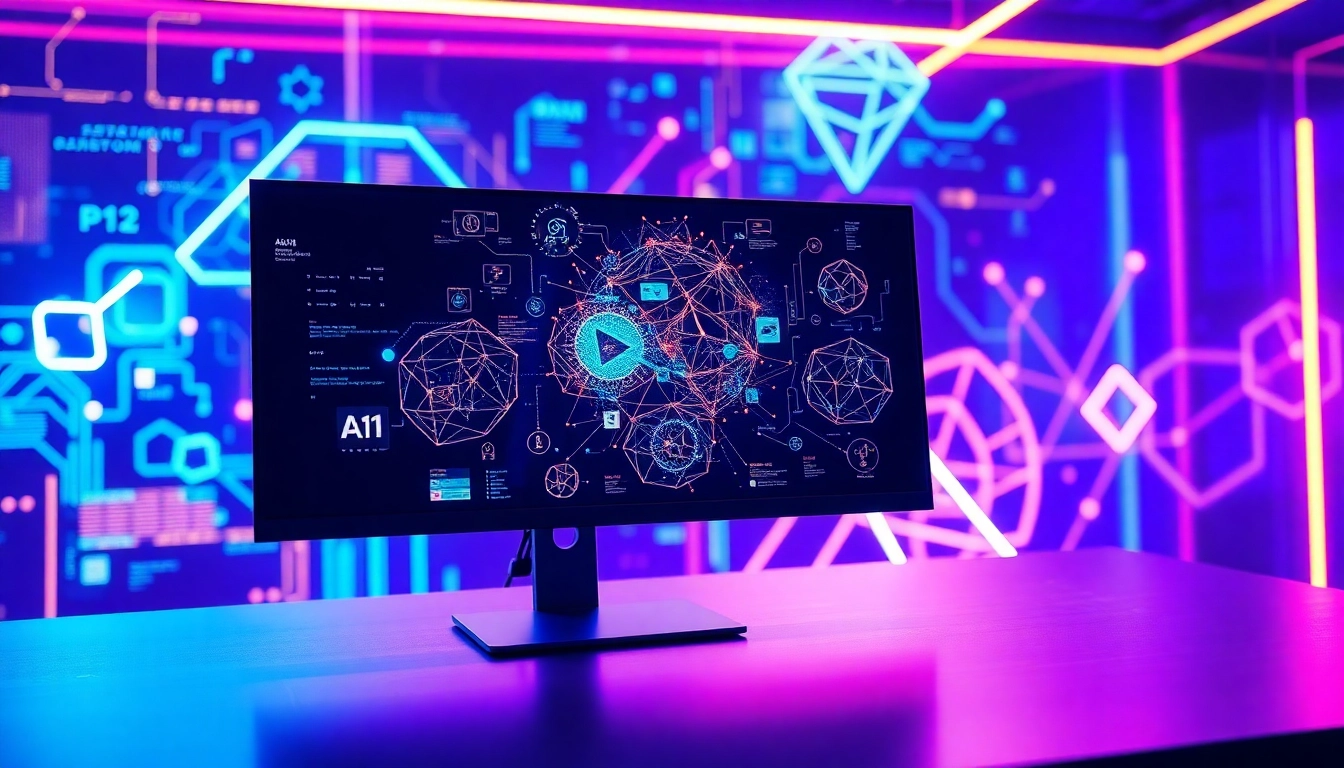 Futuristic workspace with AI image editing technology and digital data streams