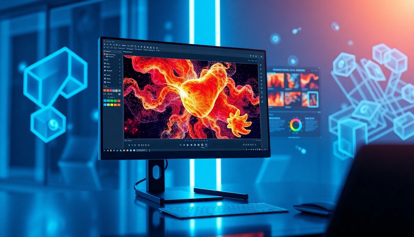 Futuristic workspace with an AI-powered image editor on a high-tech monitor, glowing holograms, and abstract 3D shapes representing advanced AI capabilities.