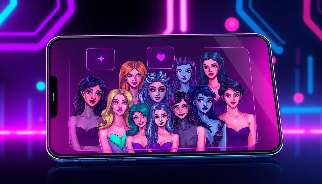 Digital illustration of AI characters on a futuristic chat interface, with vibrant colors and a cyberpunk aesthetic.