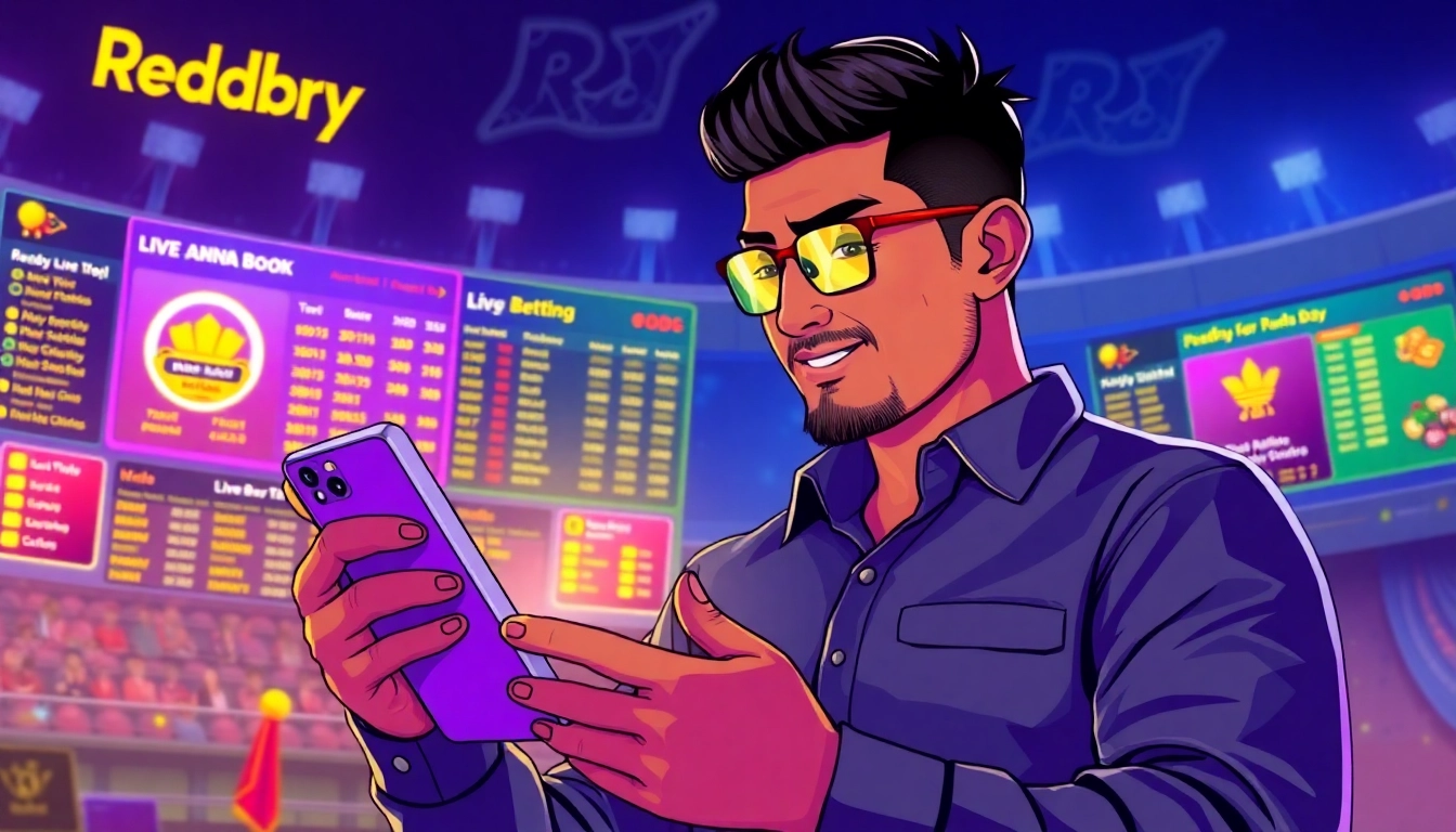 Reddy Anna Book logo displayed on a mobile screen with live betting options and Indian-themed design elements for user engagement and trust.