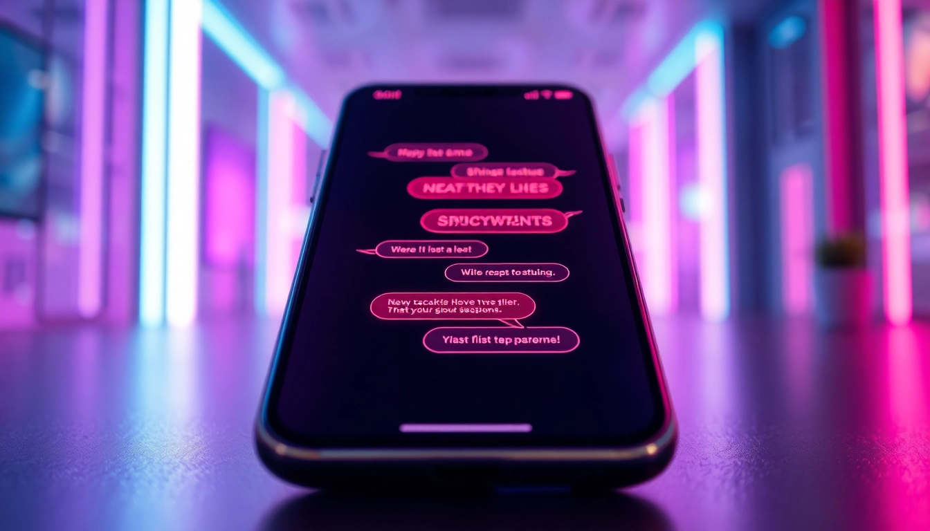 Close-up of a smartphone screen showing a playful and spicy chat conversation with colorful speech bubbles in a neon-lit environment.