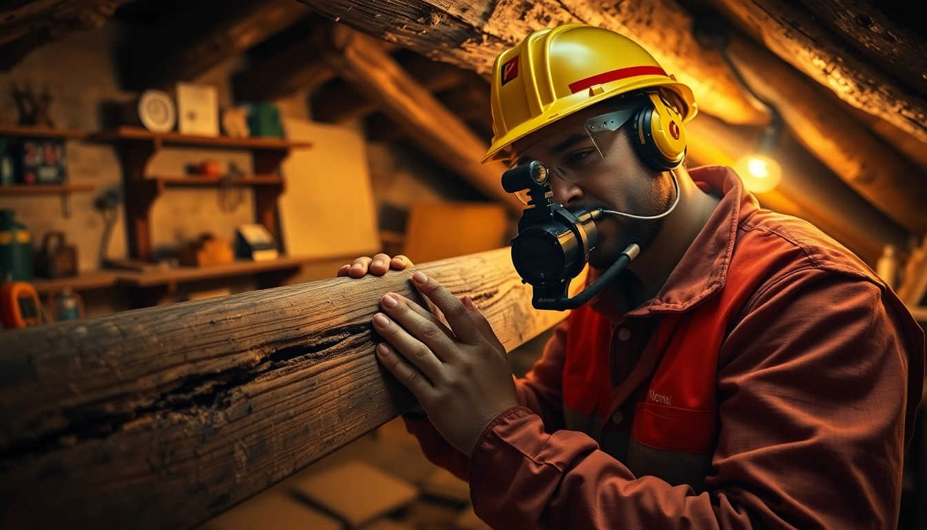 Pest control technician inspecting damaged wooden beam with tools in an attic