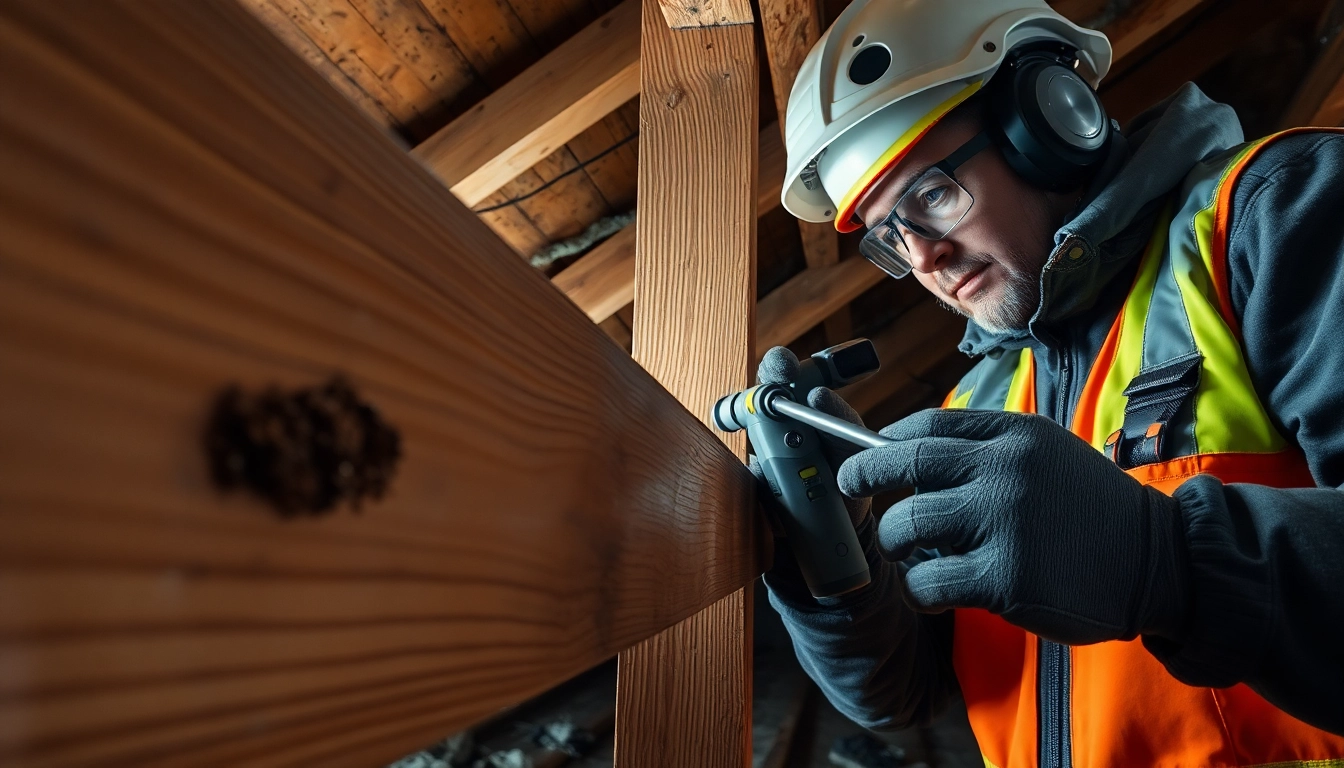 Technicus inspecteert houten balk met gereedschap in zolder