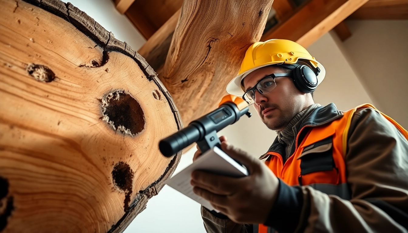 Technicus inspecteert houten balk met gereedschap in een nette binnenomgeving
