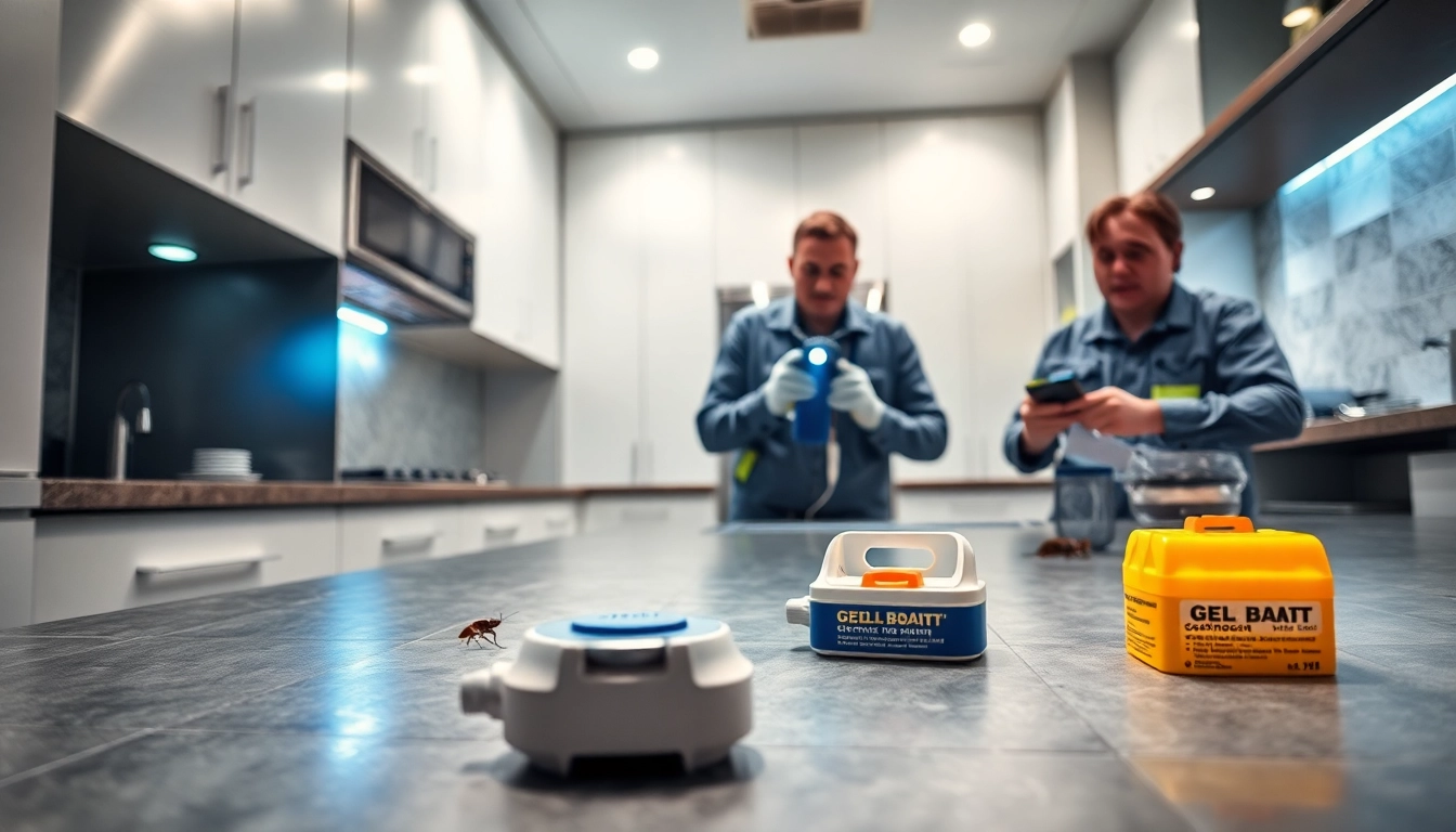 Professionals die een inspectie en behandeling uitvoeren in een moderne keuken.
