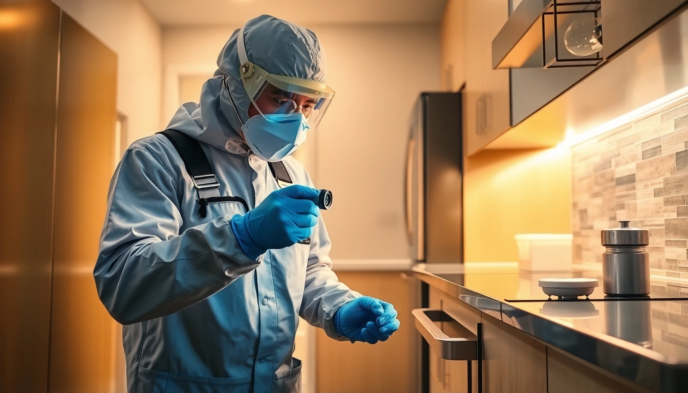 Pest control technician inspecting a kitchen for cockroaches using UV light