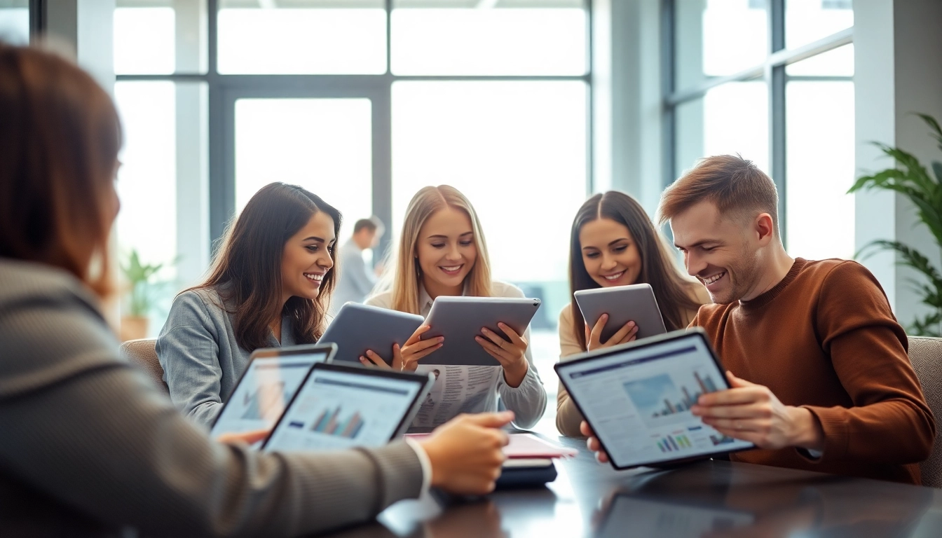Startup founders reviewing business news for startups on digital devices in a modern office setting