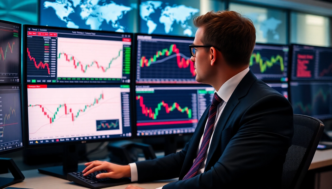 UK Trading News highlights stock market trends and financial analysis in a modern office setting