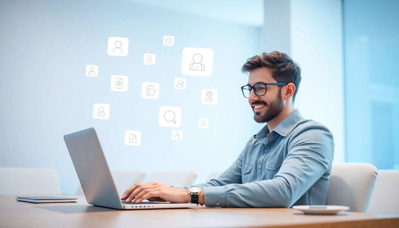 Visual of a freelancer analyzing aggregated job offers on a laptop in a modern workspace