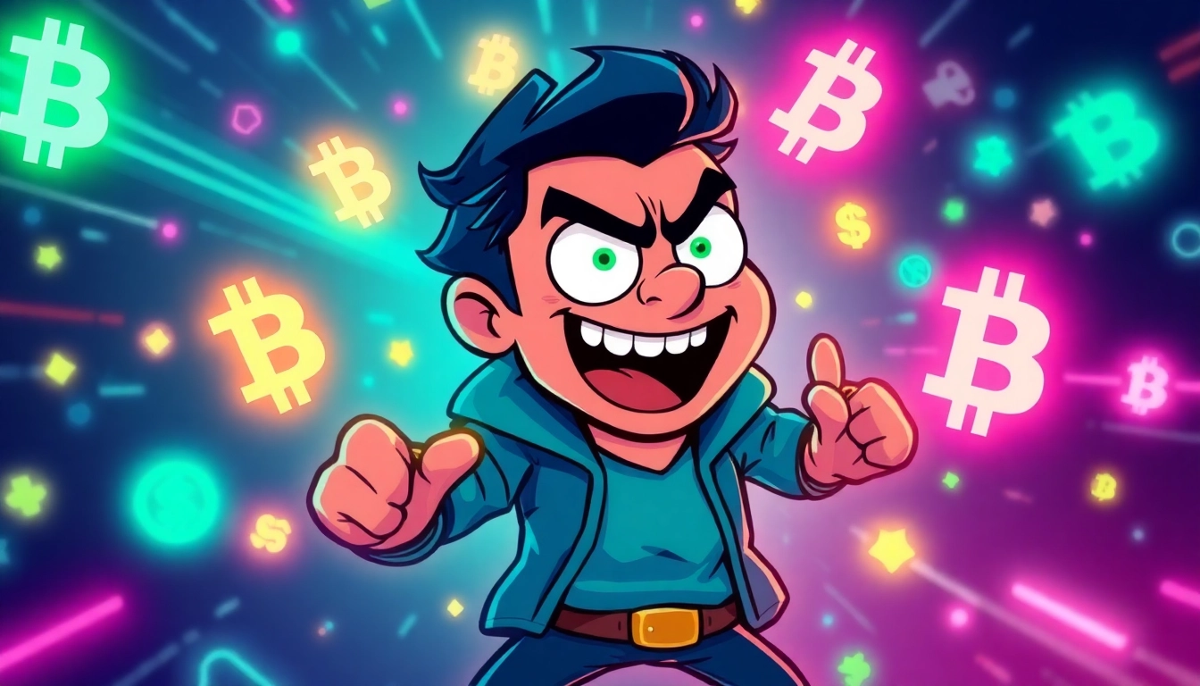 Dynamic Angry Pepe Solana character promoting meme coin success on blockchain with vibrant neon