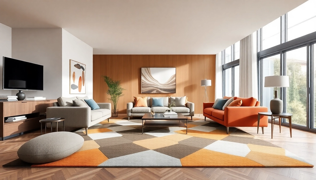 Stylish living room with vibrant Tappeti moderni Milano enhancing modern interior design and comfort