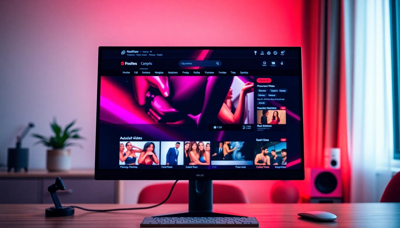A computer monitor displaying an adult entertainment website with video thumbnails and category sections.