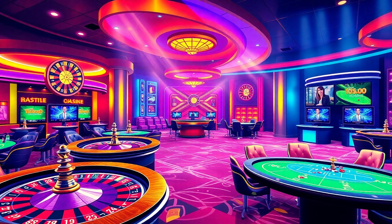 Vibrant scene of casino siteleri with lively tables and digital screens inviting players to join